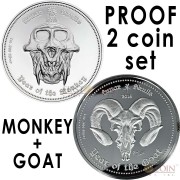 Republic Palau & Republic Ghana YEAR OF THE MONKEY 2016 $5 & 5GH₵ YEAR OF THE GOAT 2015 Series LUNAR SKULLS Two Silver Coin Set PROOF 2 oz